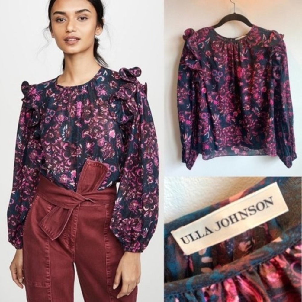 ULLA JOHNSON Medine Floral Balloon Sleeve Cotton Blend Blouse Midnight Size 4